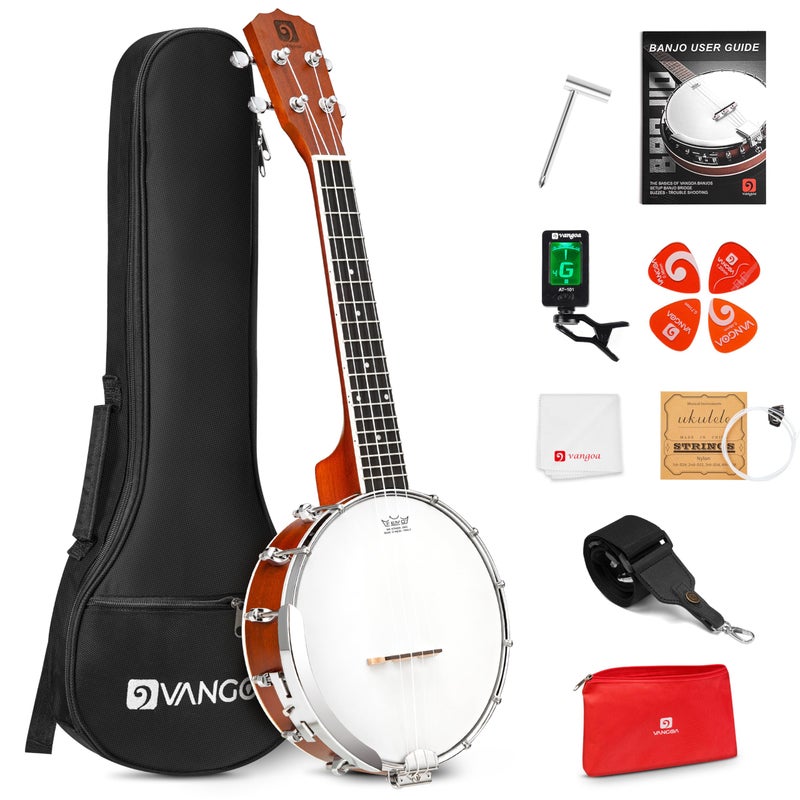 Vangoa Banjolele 23 Inch with Premium REMO Head, Travel Mini Banjo Uke 4 String Banjo Ukulele Beginner Kit with Armrest, Concert Mohagony for Teens Beginners - Image 1